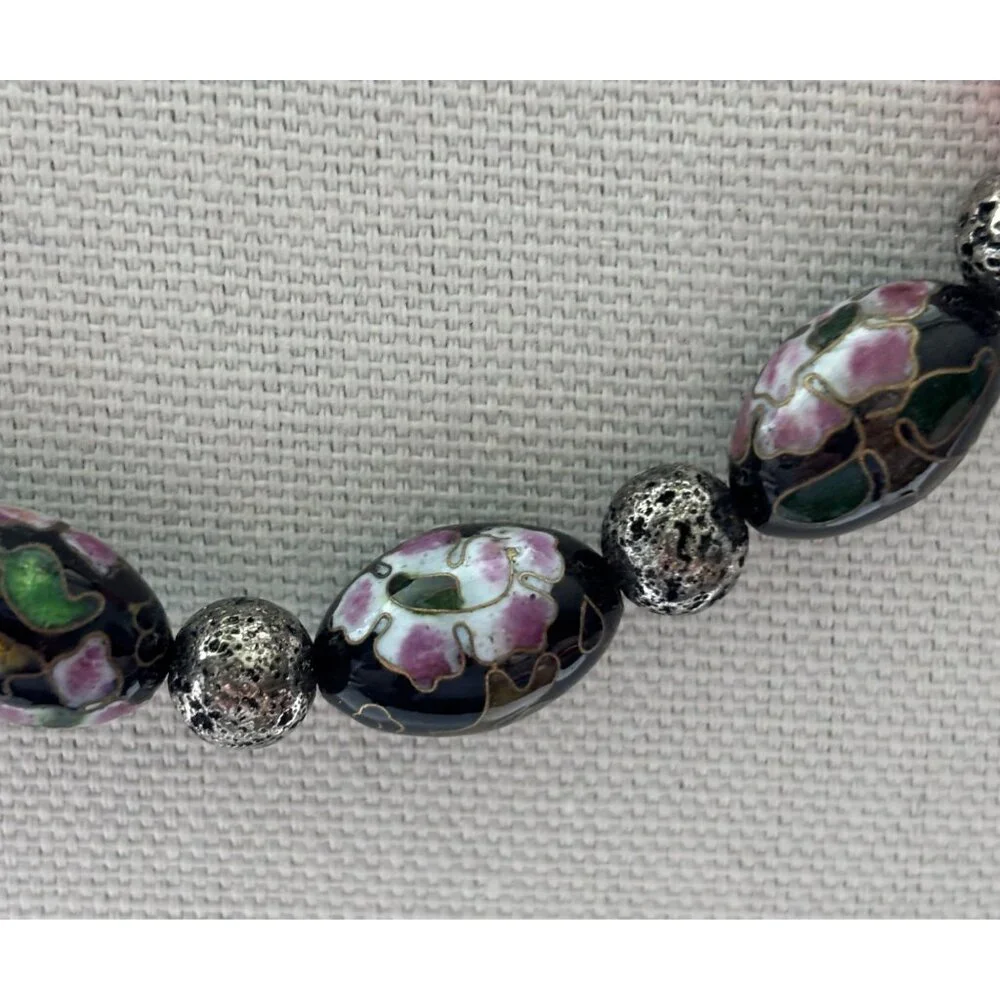 Pink & Black Beaded Necklace With Floral Cloisonné Beads & Silver Accents - Picture 4 of 7